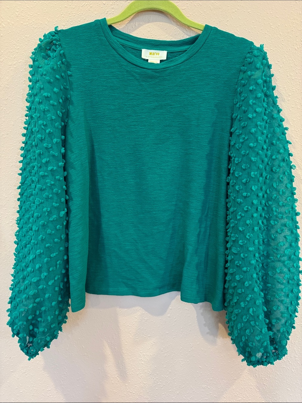 Maeve Teal Textured Pom-Puff Balloon Sleeve Top